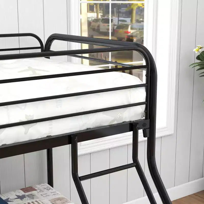 Lit superposé en métal robuste, double sur lit double, avec garde-corps amélioré et échelle inclinée pour chambre d'enfant