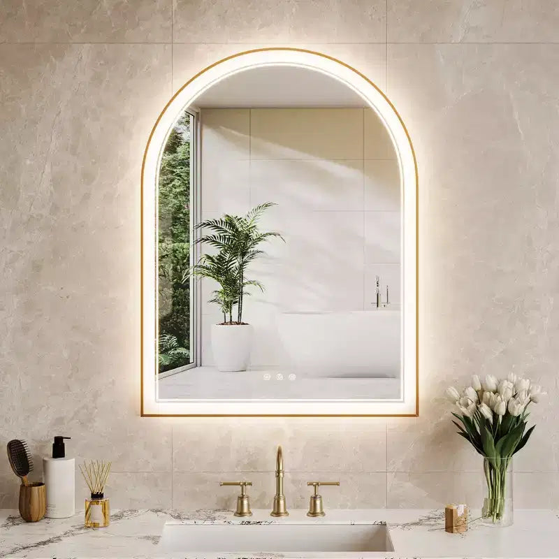 Miroir de salle de bain LED arqué 24x32 pouces doré - Anti-buée avec éclairage avant et arrière et fonction mémoire, 3 températures de couleur, contrôle tactile (Doré)