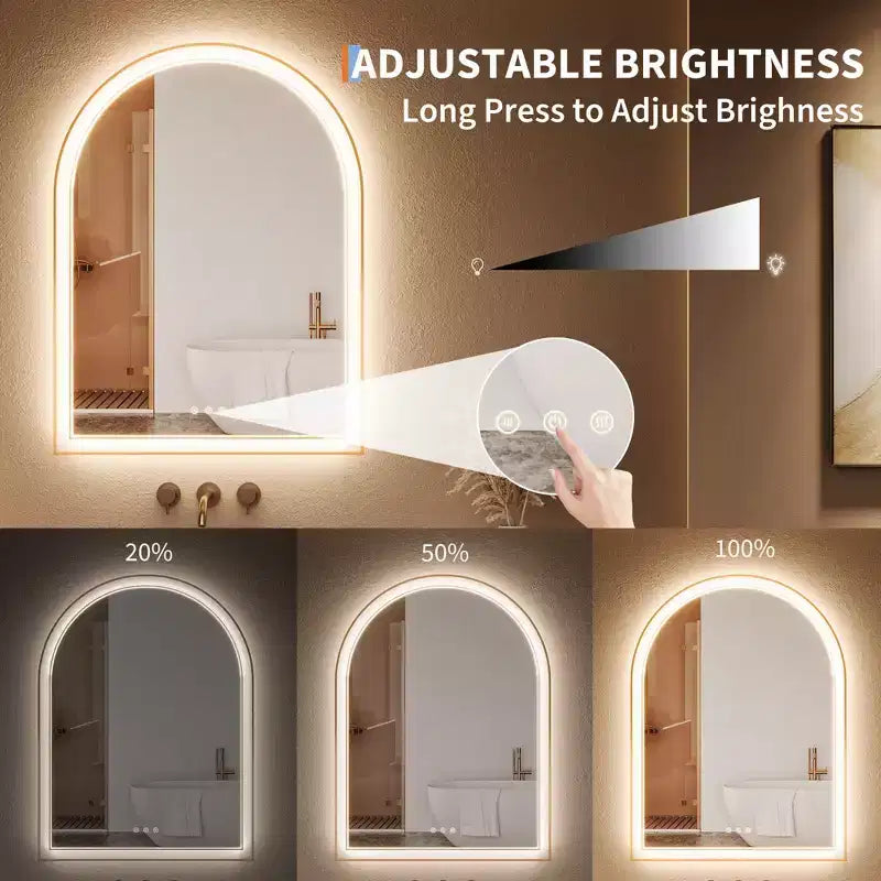 Miroir de salle de bain LED arqué 24x32 pouces doré - Anti-buée avec éclairage avant et arrière et fonction mémoire, 3 températures de couleur, contrôle tactile (Doré)