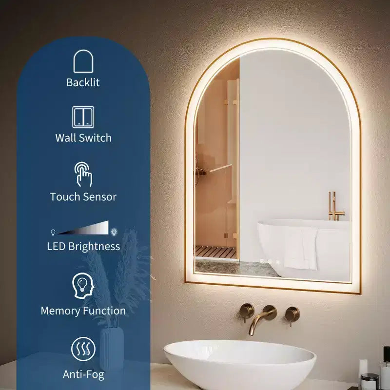 Miroir de salle de bain LED arqué 24x32 pouces doré - Anti-buée avec éclairage avant et arrière et fonction mémoire, 3 températures de couleur, contrôle tactile (Doré)