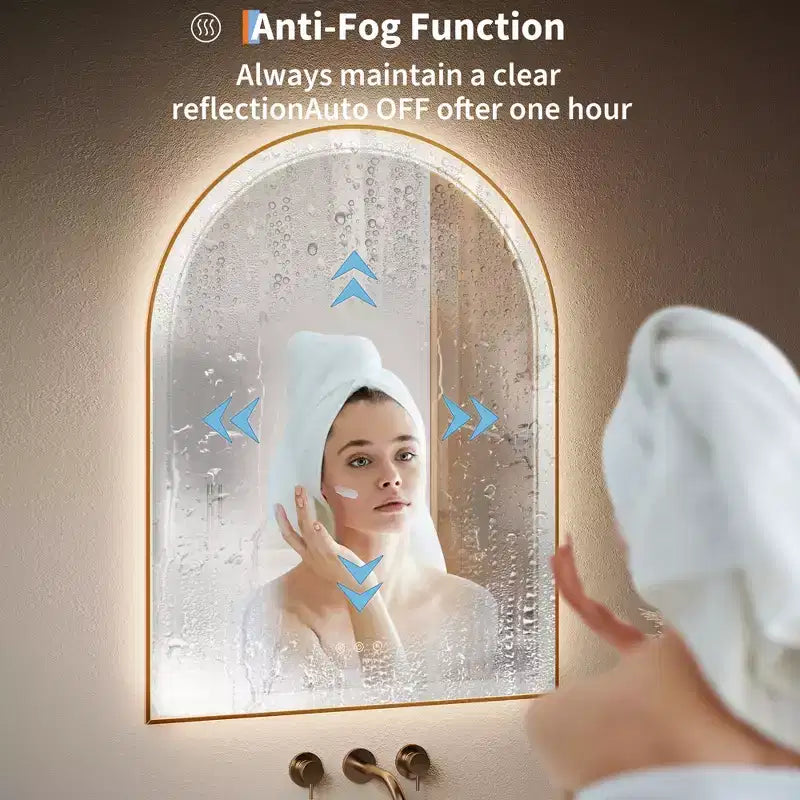 Miroir de salle de bain LED arqué 24x32 pouces doré - Anti-buée avec éclairage avant et arrière et fonction mémoire, 3 températures de couleur, contrôle tactile (Doré)