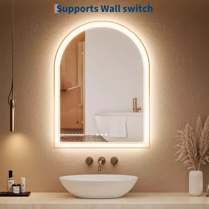 Miroir de salle de bain LED arqué 24x32 pouces doré - Anti-buée avec éclairage avant et arrière et fonction mémoire, 3 températures de couleur, contrôle tactile (Doré)