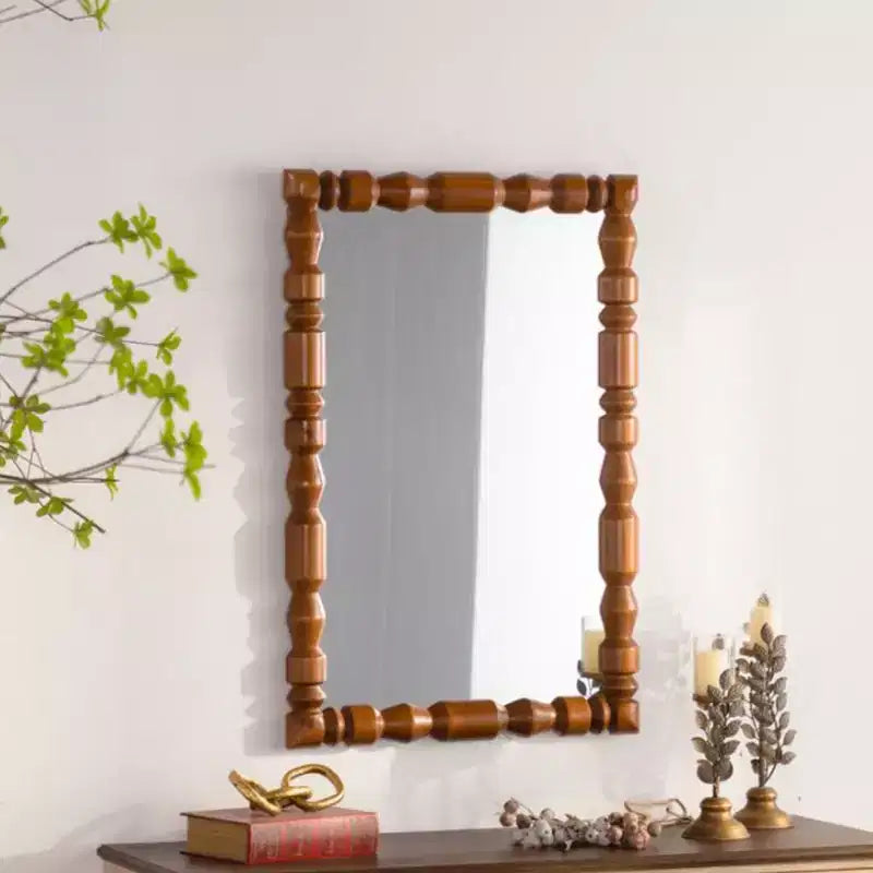 Vintage Wooden Carved Wall Mirror with Column Frame for Living Room or Entryway
