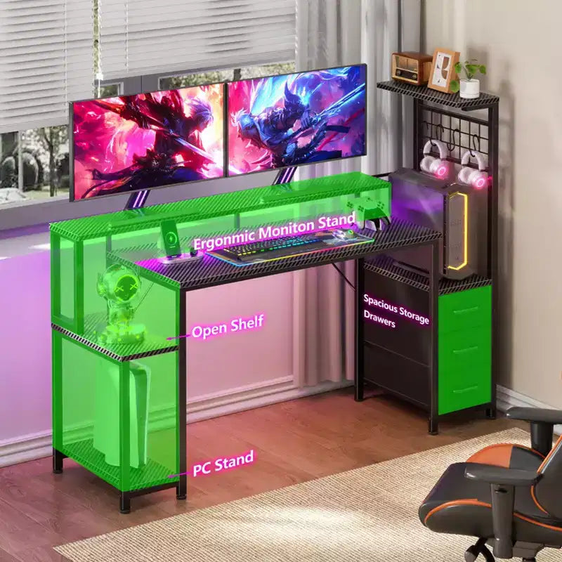 Bureau de jeu de 55 pouces avec tiroirs de rangement en tissu, support d'écran et configuration réversible pour bureau à domicile, chambre à coucher, finition noire classique