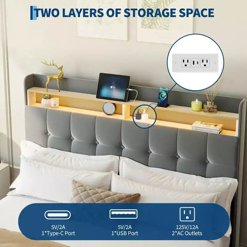 Cadre de lit avec 2 tiroirs de rangement, cadre de lit rembourré avec lumière LED, prise de courant et port USB