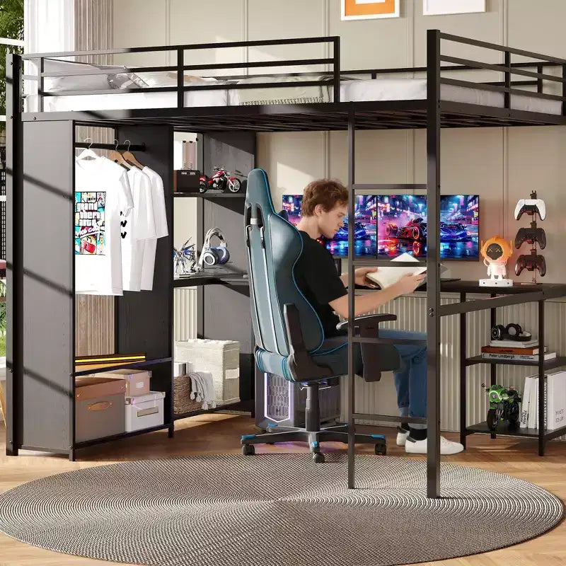 Cadre de lit mezzanine en métal peu encombrant avec bureau en L, armoire, étagères de rangement, tringle à vêtements, garde-corps, échelle robuste, pour chambres d'adultes et d'adolescents