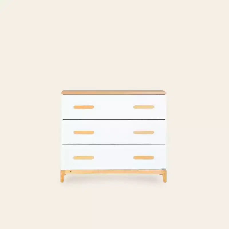 Commode 3 tiroirs pour chambre de bébé, pieds blanc et chêne rouge, finition non toxique sans danger pour les bébés avec dispositif anti-basculement, commode de rangement 86 cm pour chambre d'enfant