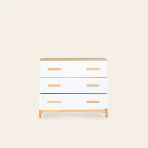 Commode 3 tiroirs pour chambre de bébé, pieds blanc et chêne rouge, finition non toxique sans danger pour les bébés avec dispositif anti-basculement, commode de rangement 86 cm pour chambre d'enfant