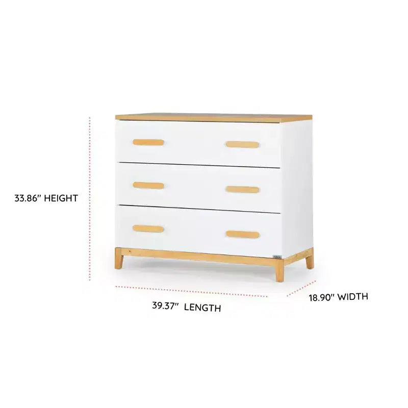 Commode 3 tiroirs pour chambre de bébé, pieds blanc et chêne rouge, finition non toxique sans danger pour les bébés avec dispositif anti-basculement, commode de rangement 86 cm pour chambre d'enfant