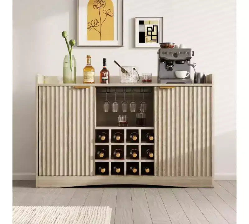 47'' Fluted Wine Bar Cabinet with 9 Glass Holder and 12 Wine Racks - Liquor & Coffee Bar Cabinet with Storage for Home - Large Sideboard with 2 Doors
