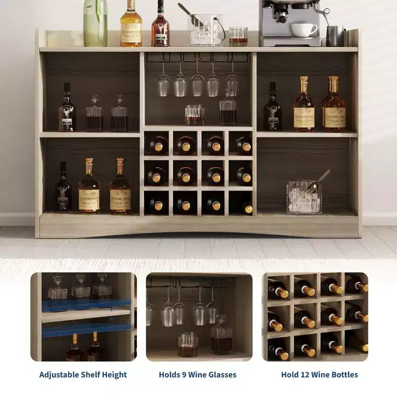 Meuble de bar à vin cannelé de 119 cm avec 9 porte-verres et 12 casiers à vin - Meuble de bar à liqueurs et à café avec rangement pour la maison - Grand buffet avec 2 portes