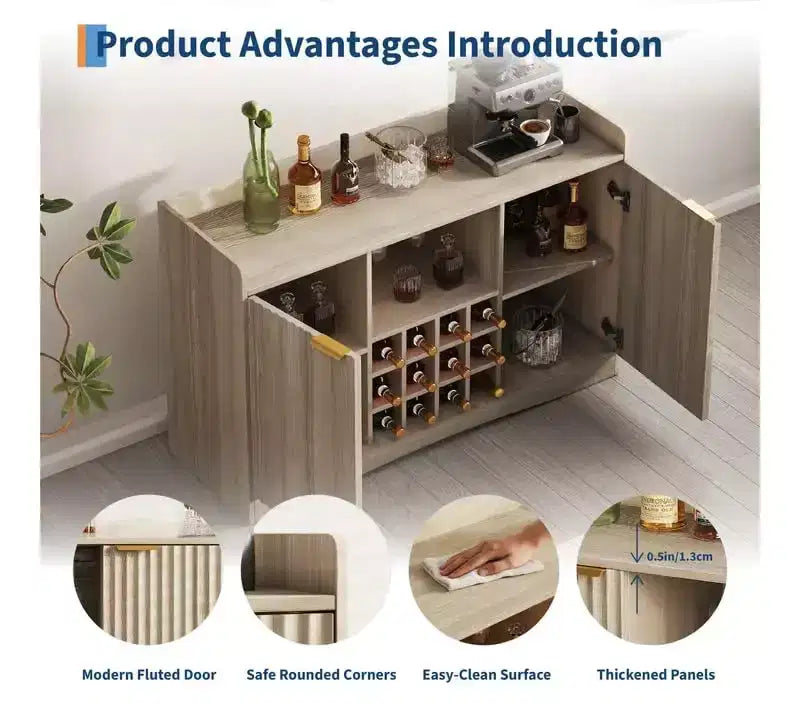 Meuble de bar à vin cannelé de 119 cm avec 9 porte-verres et 12 casiers à vin - Meuble de bar à liqueurs et à café avec rangement pour la maison - Grand buffet avec 2 portes