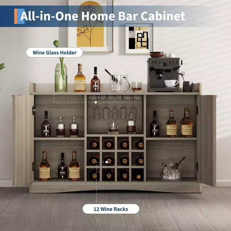 Meuble de bar à vin cannelé de 119 cm avec 9 porte-verres et 12 casiers à vin - Meuble de bar à liqueurs et à café avec rangement pour la maison - Grand buffet avec 2 portes