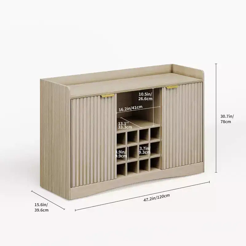 Meuble de bar à vin cannelé de 119 cm avec 9 porte-verres et 12 casiers à vin - Meuble de bar à liqueurs et à café avec rangement pour la maison - Grand buffet avec 2 portes