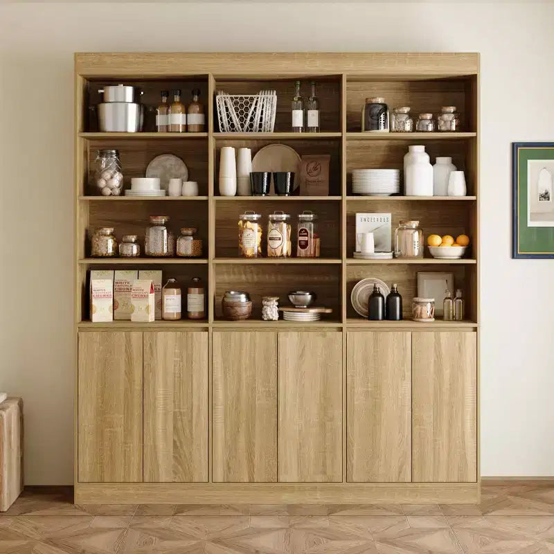 Grand garde-manger de cuisine de 180 cm, 12 étagères ouvertes et 6 portes de rangement, meuble de rangement couleur chêne pour cuisine et salle à manger