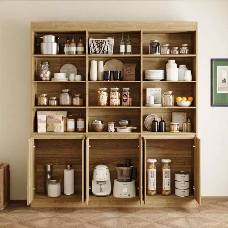 Grand garde-manger de cuisine de 180 cm, 12 étagères ouvertes et 6 portes de rangement, meuble de rangement couleur chêne pour cuisine et salle à manger