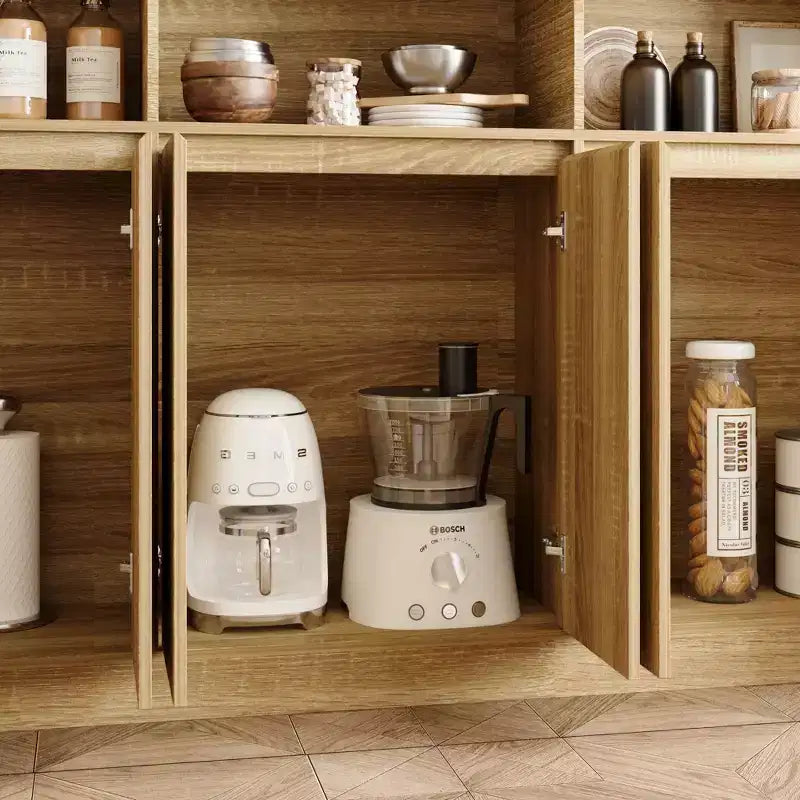 Grand garde-manger de cuisine de 180 cm, 12 étagères ouvertes et 6 portes de rangement, meuble de rangement couleur chêne pour cuisine et salle à manger