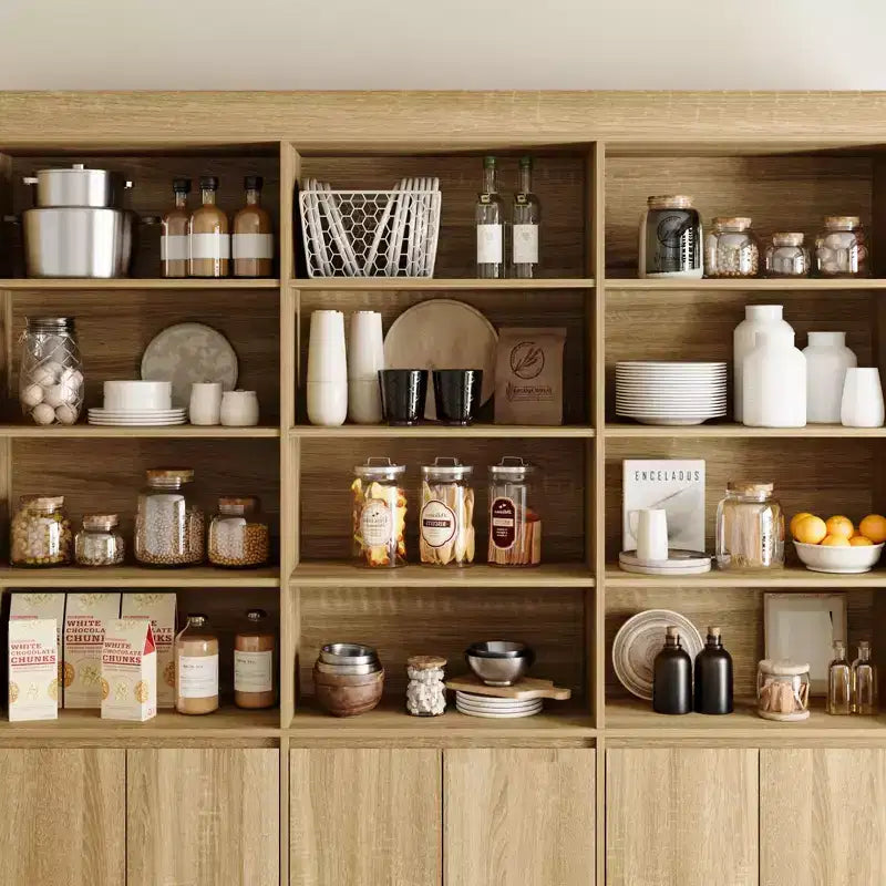 Grand garde-manger de cuisine de 180 cm, 12 étagères ouvertes et 6 portes de rangement, meuble de rangement couleur chêne pour cuisine et salle à manger