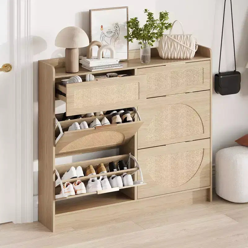 Acekool Rustic Oak Rattan Shoe Cabinet with 4 Flip & 2 Drawers, Narrow Hidden Shoe Storage for Entryway & Hallway