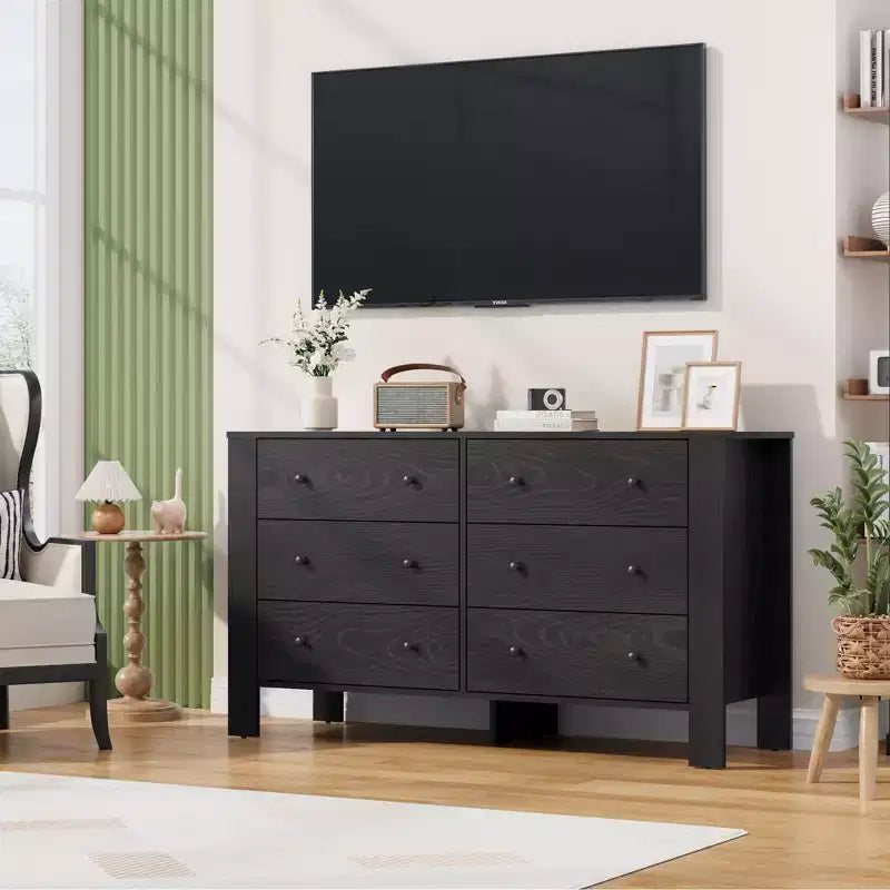Commode en bois à 6 tiroirs pour chambre à coucher, Grand organiseur de rangement moderne pour salon, entrée, couloir