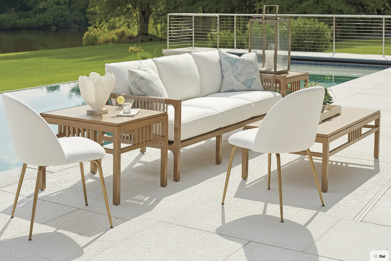 Outdoor poolside scene with white upholstered chairs